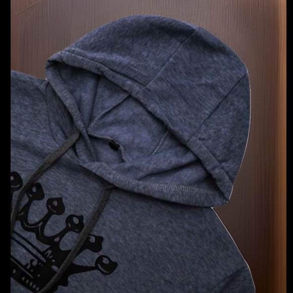 👑 KING Grey High Hooded Collar Long Sleeve Kangaroo Pocket Pullover Shirt - Picture 2 of 5